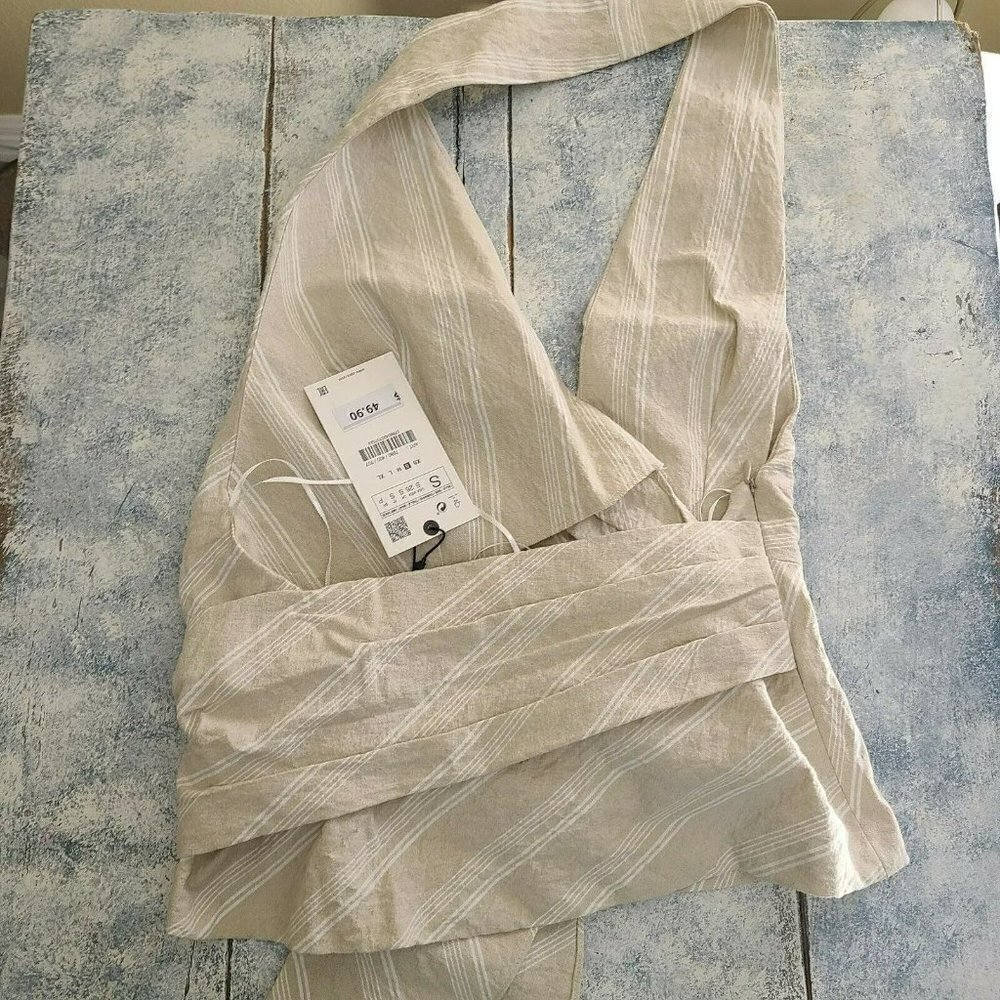 Zara Basic Women's Sleeveless Tie Back Blouse V-neckline Beige Size Small